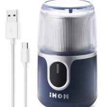 Portable IHOM Cordless Coffee Grinder in Blue, USB Rechargeable with Stainless Steel Blade, Ideal for Home, Travel, and Camping