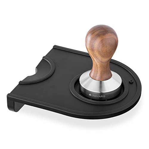 Navaris Coffee Tamper and Silicone Mat Set - Stainless Steel Espresso Press with Walnut Handle for Even Coffee Grounds Compression