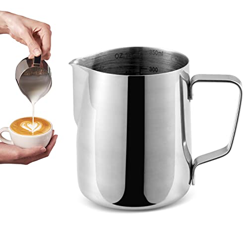 12 oz stainless steel milk frothing pitcher with ergonomic handle and dripless spout, ideal for latte art and espresso drinks.