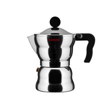 Alessi AAM33/3 Espresso Maker in black with rounded aluminum body and thermoplastic resin handle, designed by Alessandro Mendini for a stylish and functional addition to any kitchen.