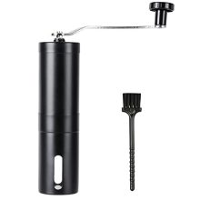 Stainless steel manual coffee grinder with ceramic burr, adjustable grind settings, and lengthened handle for easy use