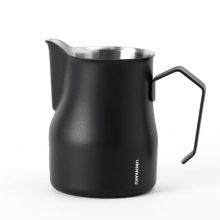 UBENKAKU Milk Frothing Pitcher in matte black, 10oz capacity, made from 304 stainless steel, featuring a precision spout and etched measurement lines for perfect latte art.