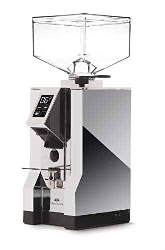 Eureka Mignon Specialita Espresso Grinder in chrome with touchscreen controls and 55mm stepless burrs, designed for precise and quiet grinding