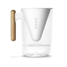 SOMA 10-Cup Water Filter Pitcher in white with bamboo handle, showcasing its BPA-free, shatter-proof construction and automatic lid opening for easy refilling