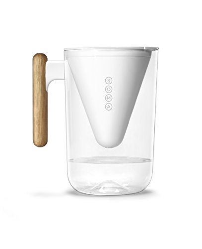 SOMA 10-Cup Water Filter Pitcher in white with bamboo handle, showcasing its BPA-free, shatter-proof construction and automatic lid opening for easy refilling