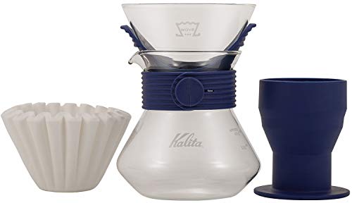 Kalita Wave Style UP Set 185 with blue glass dripper, paper filters, 500ml glass server with silicone wrap, and silicone dripper stand