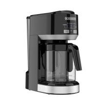 BLACK+DECKER Dual Brew 14-Cup Coffee Maker with Auto-Clean Function and Compact Design, shown with a carafe and single-serve cup option.