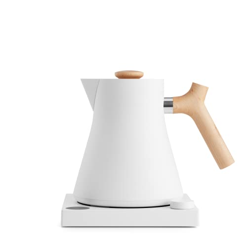 Fellow Corvo EKG Electric Kettle - 0.9 Liter, matte white with maple handle, precision pour spout, temperature control, and built-in brew timer