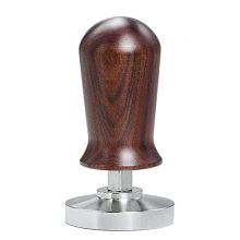 51mm Coffee Tamper with pressure-regulating spring, ergonomic wood handle, and stainless steel base, designed for consistent espresso preparation