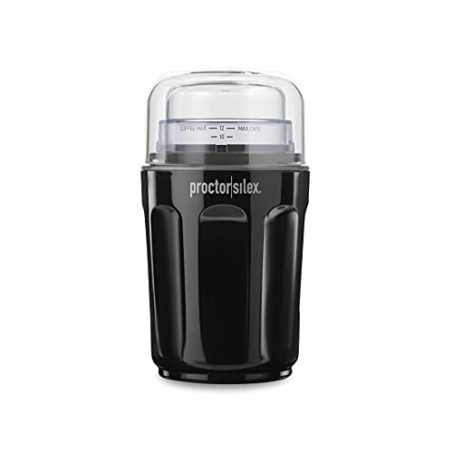 Proctor Silex Sound Shield Electric Coffee Grinder – Features quiet operation, stainless steel blades, and a 12-cup capacity, ideal for home use.