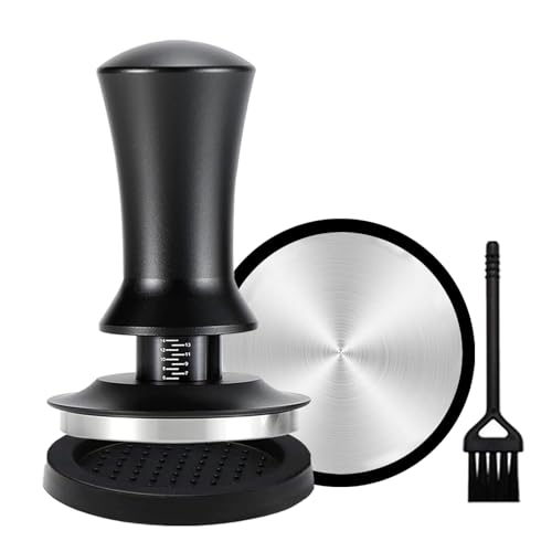 51mm spring-loaded espresso tamper with silicone pad and brush, featuring a calibrated stainless steel base and aluminum alloy handle, designed for precise coffee brewing and easy maintenance.