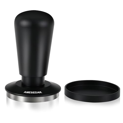 AMESEDAK 53.3mm Espresso Tamper with calibrated spring, anodized aluminum handle, and stainless steel base, designed for consistent coffee extraction