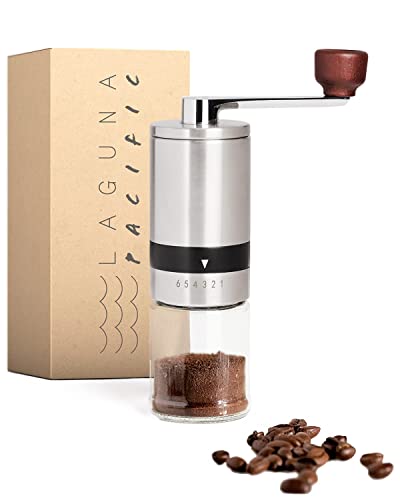 Laguna Pacific Manual Coffee Bean Grinder with 6 Coarseness Settings, Stainless Steel and Glass Design – Perfect for Home and Travel