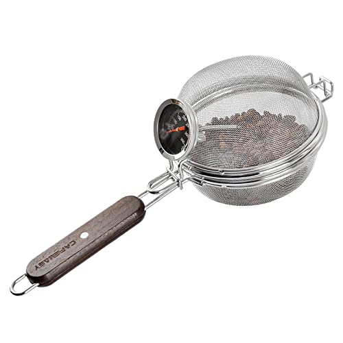 CAFEMASY Portable Coffee Bean Roaster with stainless steel mesh, wooden handle, and built-in thermometer, ideal for home and outdoor coffee roasting