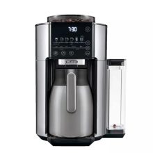 De'Longhi TrueBrew Coffee Maker in stainless steel and black, featuring a built-in grinder, 40 oz carafe, and options for hot and iced coffee