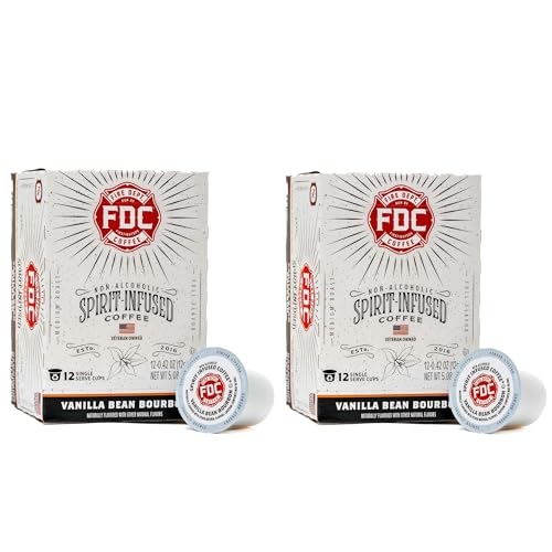 Fire Department Coffee Vanilla Bourbon Coffee Pods - 24-Count K-Cups. Non-alcoholic bourbon infused coffee with rich vanilla flavor, roasted in the USA, and veteran-owned.