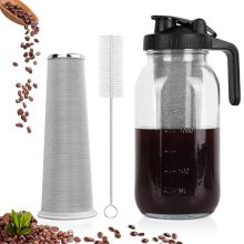 64 oz Cold Brew Coffee Maker – Wide Mouth Mason Jar Pitcher with Stainless Steel Filter, Pour Spout Handle Lid, Heavy Duty Glass, Airtight & Leak-Proof