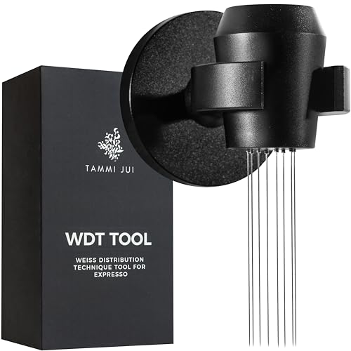 Tammi Jui WDT Tool with 8 needles in black aluminum, featuring a magnetic mount for easy storage, and a gift-ready box. Perfect espresso distribution tool for coffee lovers