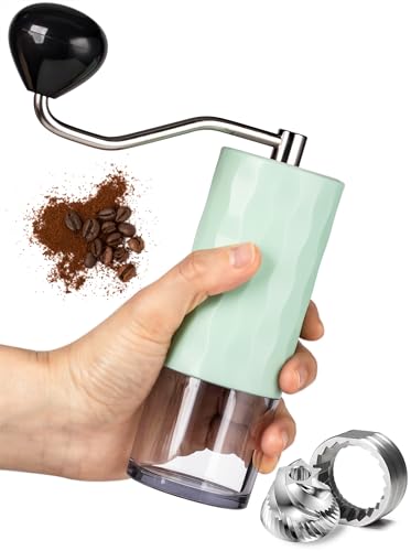 Timenu Manual Coffee Grinder with CNC Stainless Steel Burrs and Adjustable Settings for Espresso, Drip Coffee, and French Press, Featuring a Clear AS Material Container