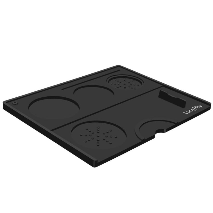 LucyPhy Espresso Tamping Mat – Black silicone coffee tamper pad with anti-slip bottom, perfect for organizing coffee tools and maintaining a clean workspace