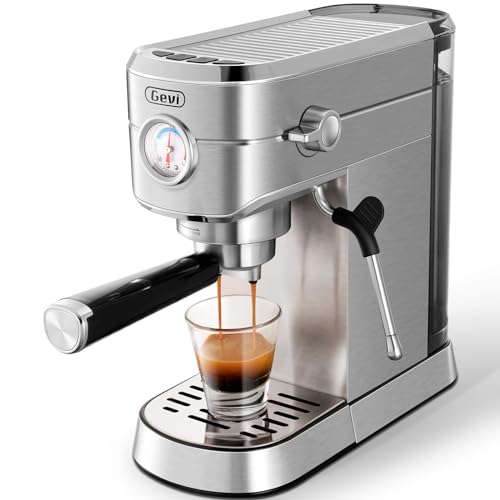 Gevi 20 Bar Espresso Maker with Milk Frother in stainless steel, featuring a sleek design and powerful steam system for crafting rich espresso and silky froth