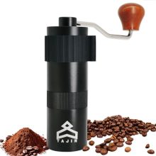 High-quality Tajir Premium Manual Coffee Grinder with a sleek aluminum body and stainless steel conical burr, showcasing adjustable settings for various grind levels.