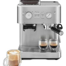 KitchenAid Semi Automatic Espresso Machine with Burr Grinder, 2.5L Stainless Steel, featuring a commercial-grade portafilter and adjustable steam wand for home barista-quality drinks