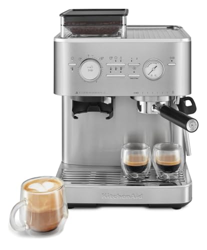 KitchenAid Semi Automatic Espresso Machine with Burr Grinder, 2.5L Stainless Steel, featuring a commercial-grade portafilter and adjustable steam wand for home barista-quality drinks