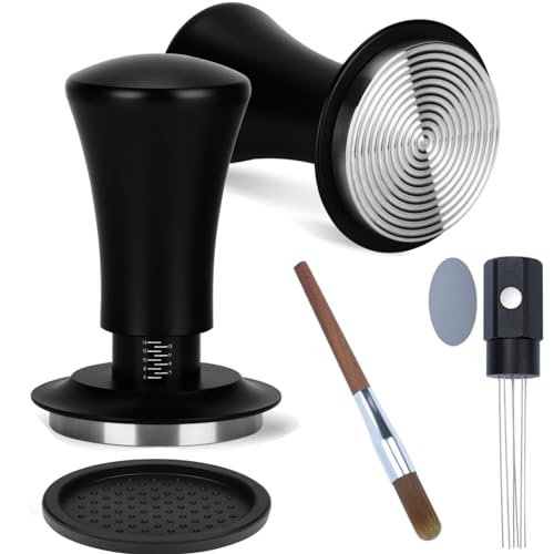 51mm stainless steel espresso tamper with ergonomic handle, double spring-loaded mechanism, and depth marking scale. Includes silicone mat, walnut espresso brush, and magnetic coffee stirrer