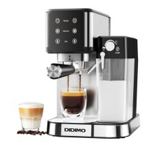 Compact 20-BAR Stainless Steel Espresso Machine with Built-In Milk Frother and 1.3L Water Reservoir – Ideal for Home Use.