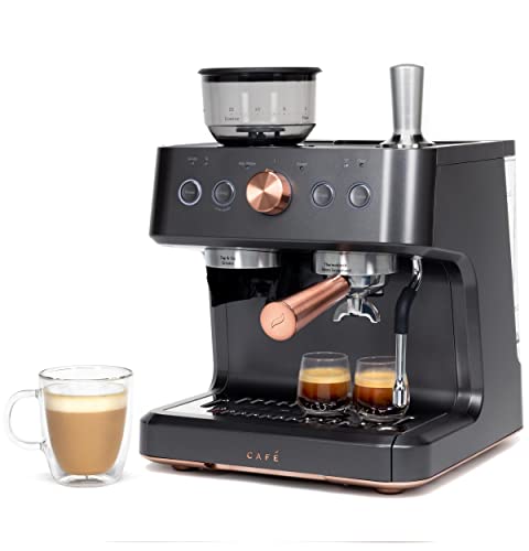 Café Bellissimo Semi-Automatic Espresso Machine in matte black, featuring a built-in conical burr grinder, steam frother, large 95-ounce water reservoir, and WiFi connectivity for customizable drinks.