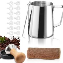 Gevi Milk Frothing Pitcher Set with Latte Art Pen, Stencils, Coffee Distributor, and Barista Towel