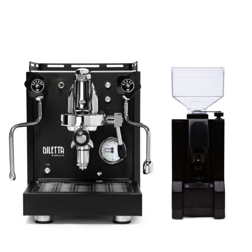 Diletta Bello Espresso Machine in Black with Eureka Notte Grinder – A sleek and modern espresso setup featuring a compact heat exchange boiler, manual controls, and precision grinding capabilities for exceptional coffee experiences.