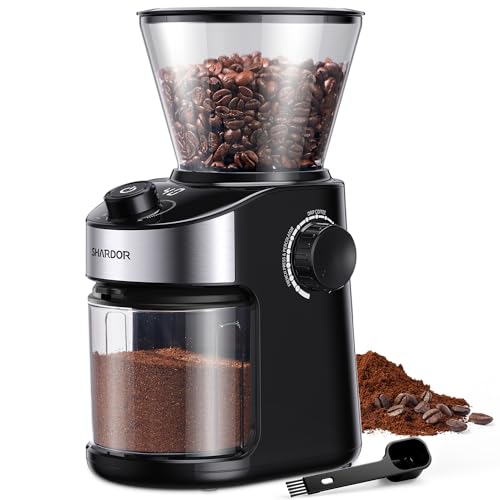 SHARDOR Burr Coffee Grinder with 32 grind sizes, 40-second electronic timer, and chamber cleaning button. Compact design and easy-to-clean components for home use