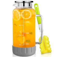 Aofmee 68oz Glass Pitcher with Lid and Silicone Base, featuring a wide mouth, precise scale line, and dual pouring modes for effortless beverage preparation and serving