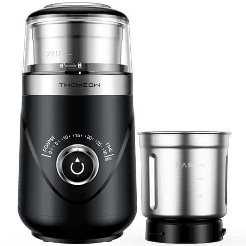 TWOMEOW Adjustable Electric Coffee Grinder featuring a timing knob, removable stainless steel grinding bowl, and quiet operation