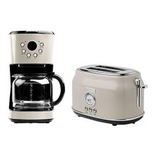 HADEN Retro Style Coffee Maker and Toaster Set - 12-Cup Programmable Coffee Maker with Carafe and Wide Slot 2-Slice Toaster in Putty Beige