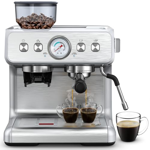 COWSAR Espresso Machine – 15 Bar Semi-Automatic Coffee Maker with Bean Grinder, Milk Frother Steam Wand, and 75 oz Removable Water Tank – Stainless Steel