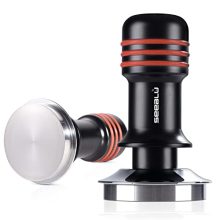 SEEBLU 53mm espresso tamper with 30lbs spring-loaded pressure, stainless steel base, and ergonomic aluminum handle. Designed for 54mm portafilter baskets with advanced tamping features.