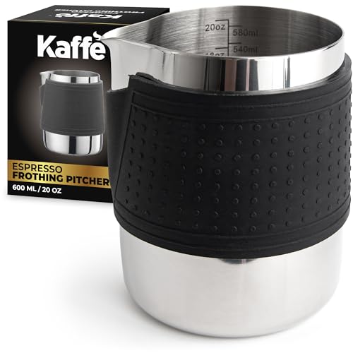 Kaffe 20oz Stainless Steel Milk Frothing Pitcher with Dripless Spout and Anti-Burn Silicone Sleeve