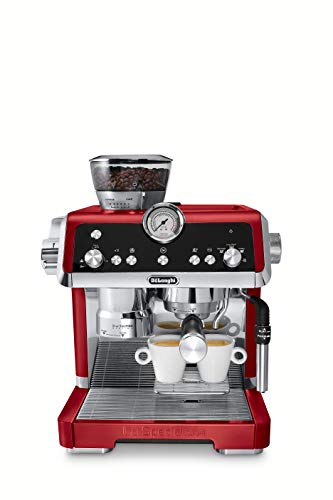 De'Longhi EC9335R La Specialista Espresso Machine with sensor grinder, dual heating system, and advanced latte system in stainless steel with red accents. Features include a hot water spout and a compact design, ideal for home kitchens.