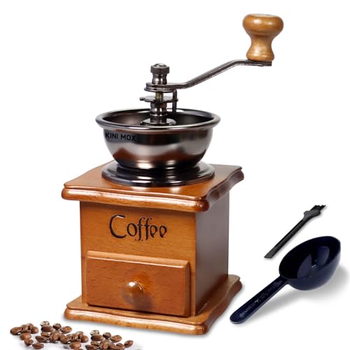 Mini Vintage Wooden Coffee Grinder with ceramic core and metal components, perfect for both decorative display and grinding coffee beans or spices