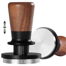 PUSEE 51mm Espresso Tamper with walnut wood handle and stainless steel base, featuring a double spring system for consistent 30lbs pressure