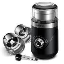 SHARDOR Adjustable Electric Coffee Grinder with wet and dry grinding capabilities, featuring removable stainless steel bowls, black color, and a 2-in-1 coffee spoon with brush