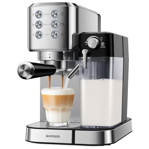 SHARDOR 20 Bar Espresso Machine with Automatic Milk Frother in stainless steel, featuring a sleek design and advanced heating system for rich espresso and creamy froth