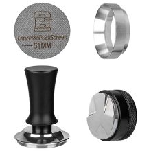 51mm Espresso Tamper Set including a spring-loaded tamper, adjustable distributor, magnetic dosing funnel, and reusable puck screen