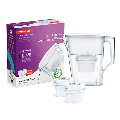 Aqua Optima 5-Cup Water Filter Pitcher Bundle Pack with 3 Evolve+ Filters. The BPA-free pitcher features a slim design for easy storage in refrigerator doors