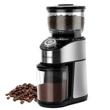Homtone Electric Coffee Grinder with stainless steel conical burr, featuring 14 grind settings and an easy-to-clean design, perfect for espresso, drip coffee, and French press.