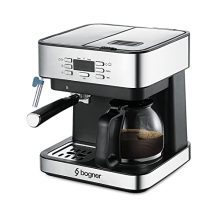 Bogner 2-in-1 Coffee Maker in stainless steel with 20-bar espresso pressure and 12-cup drip coffee capacity