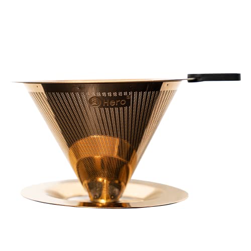 HERO Goldcup Paperless Coffee Dripper with Stainless Steel Mesh and Golden Finish, Perfect for Manual Brewing